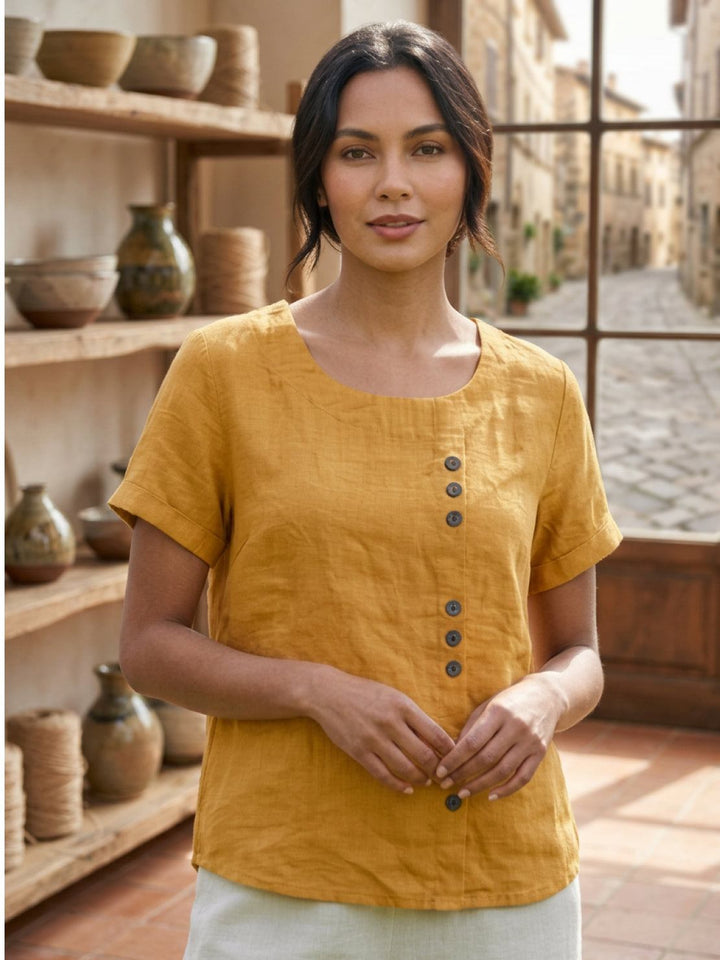 Margaret | Damen Leinen Rundhals Knopfbluse