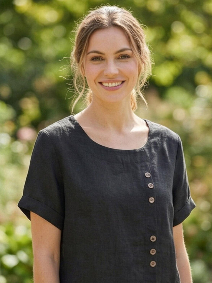 Margaret | Damen Leinen Rundhals Knopfbluse