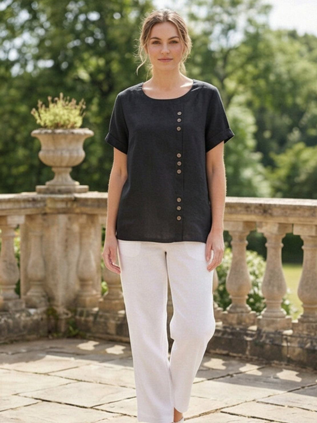 Margaret | Damen Leinen Rundhals Knopfbluse