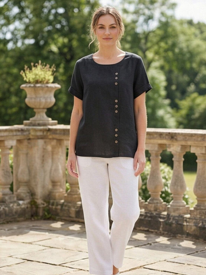 Margaret | Damen Leinen Rundhals Knopfbluse