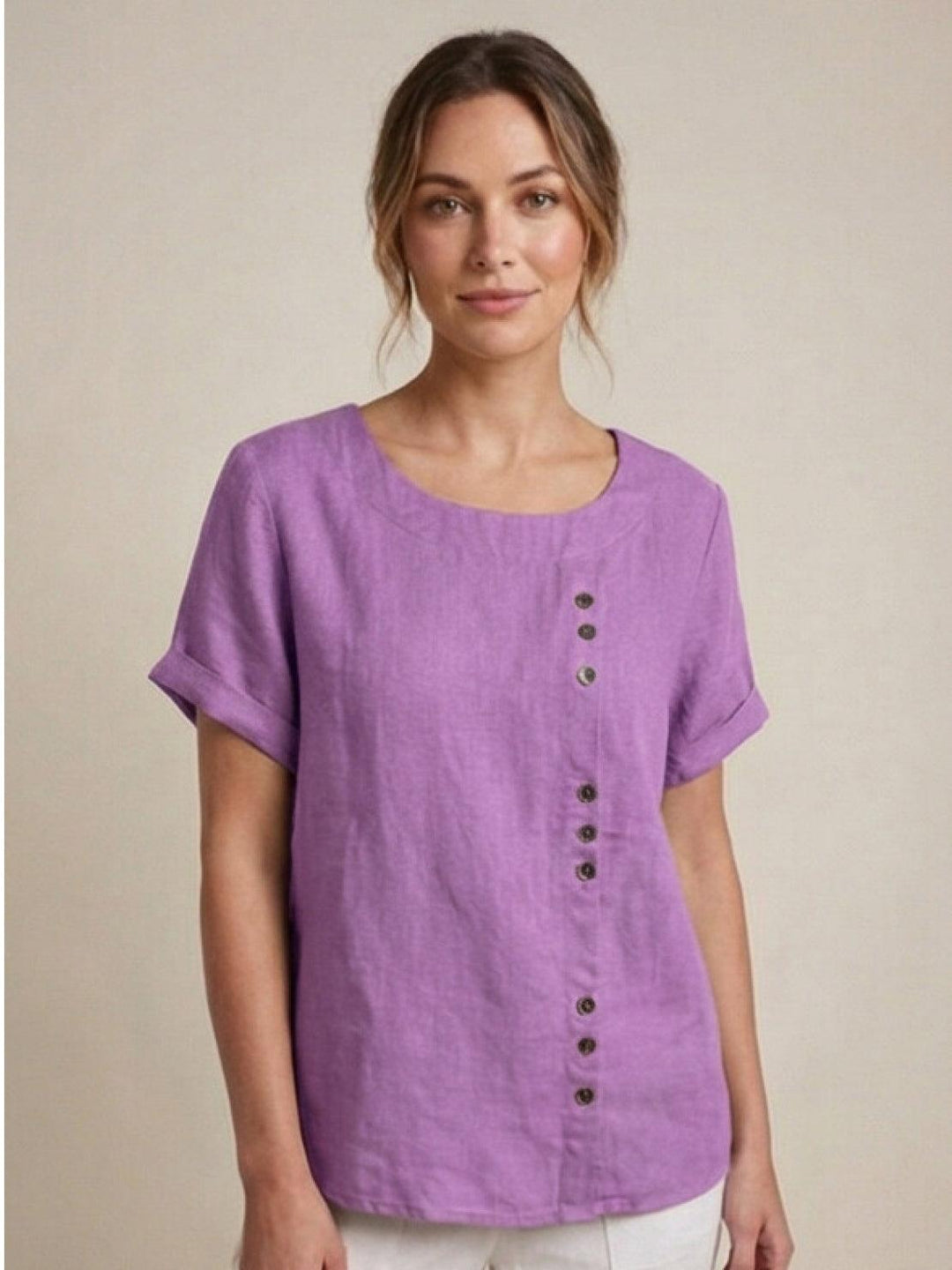 Margaret | Damen Leinen Rundhals Knopfbluse