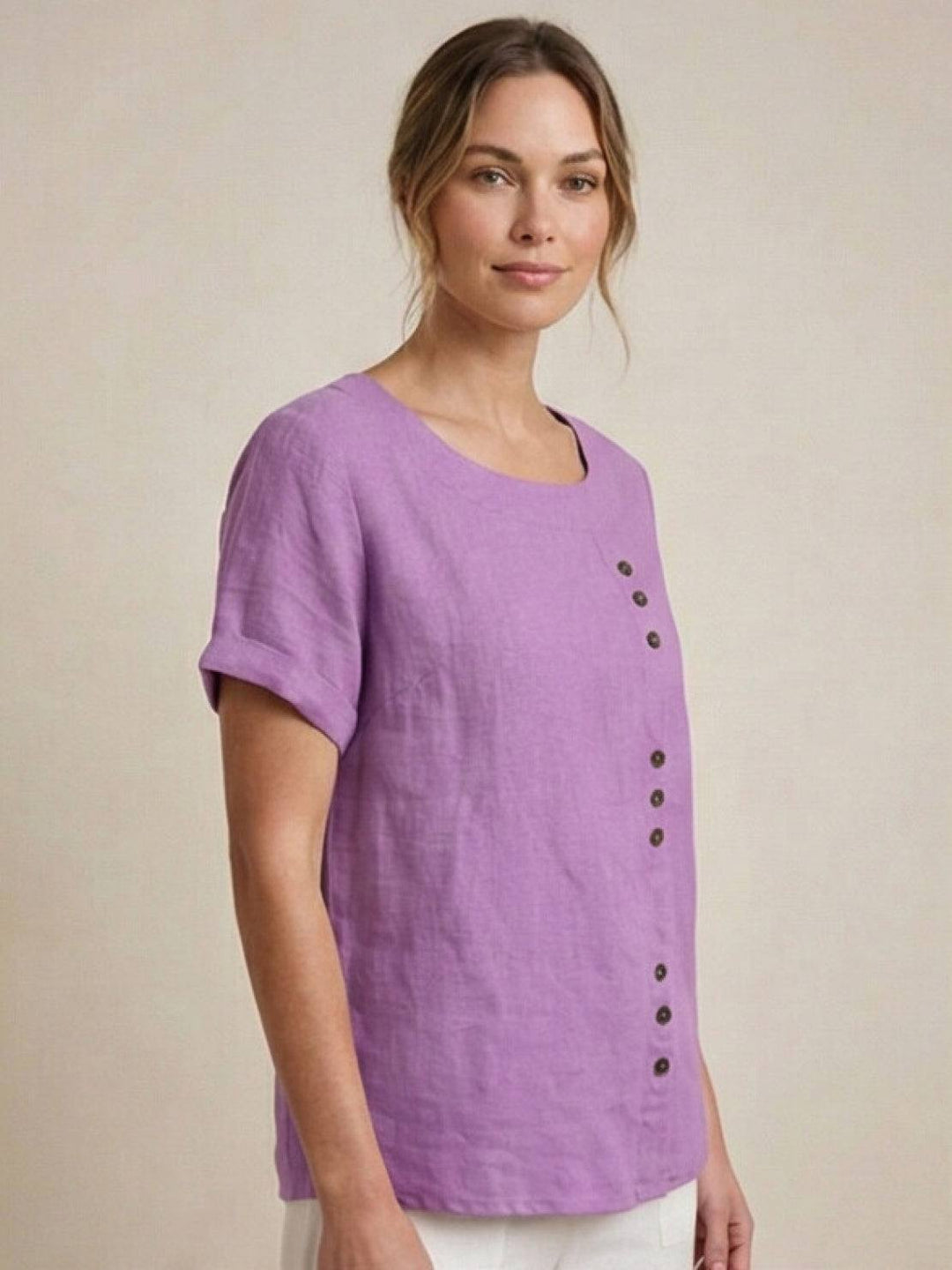 Margaret | Damen Leinen Rundhals Knopfbluse