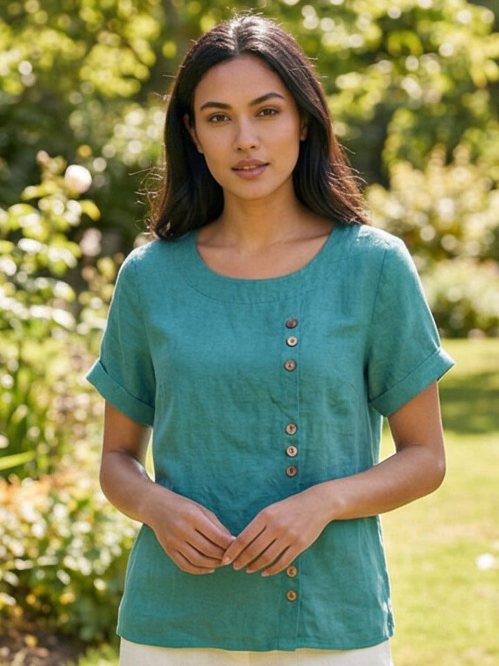 Margaret | Damen Leinen Rundhals Knopfbluse