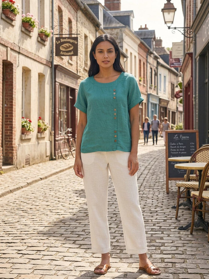 Margaret | Damen Leinen Rundhals Knopfbluse