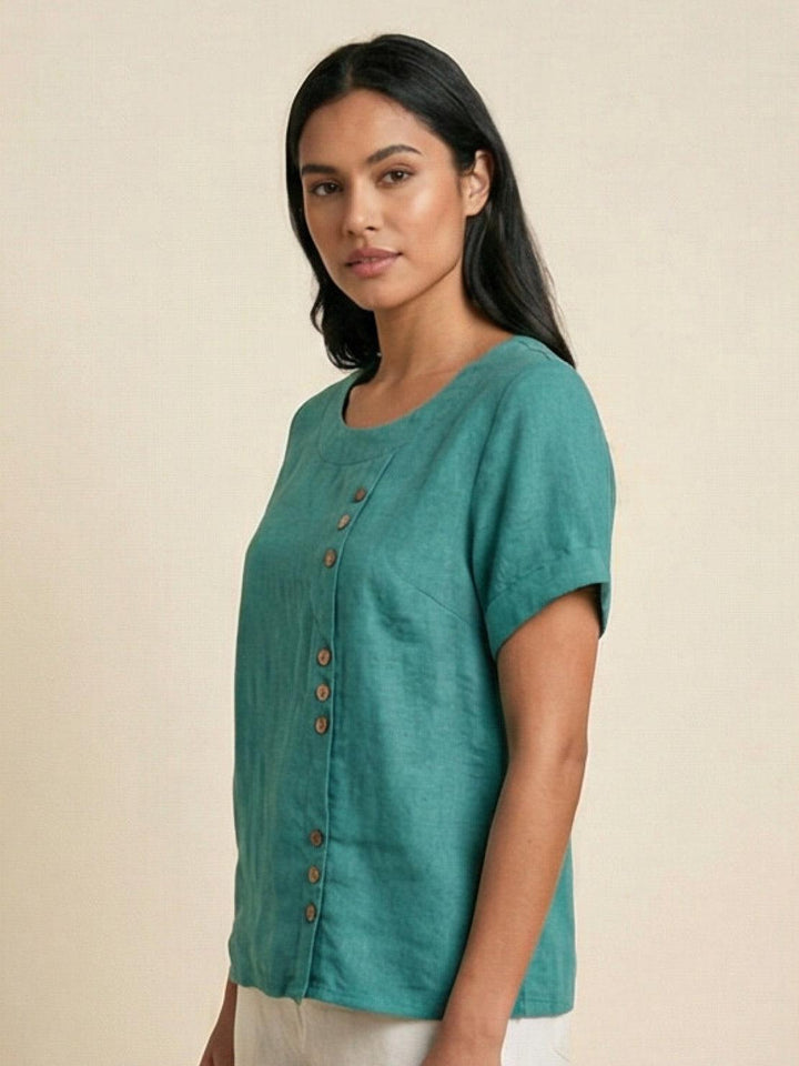 Margaret | Damen Leinen Rundhals Knopfbluse