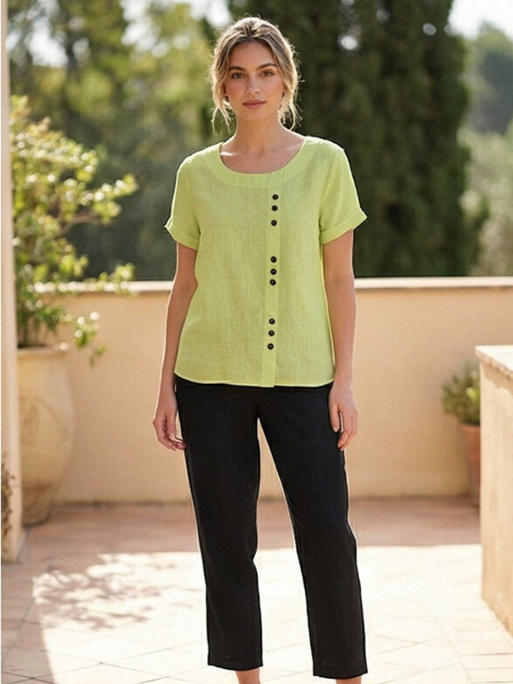 Margaret | Damen Leinen Rundhals Knopfbluse
