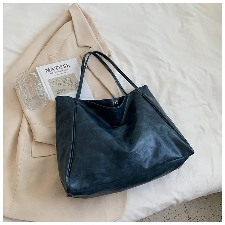 Retro PU-Leren Tote Bag Dames Ruime Schoudertas - Blau