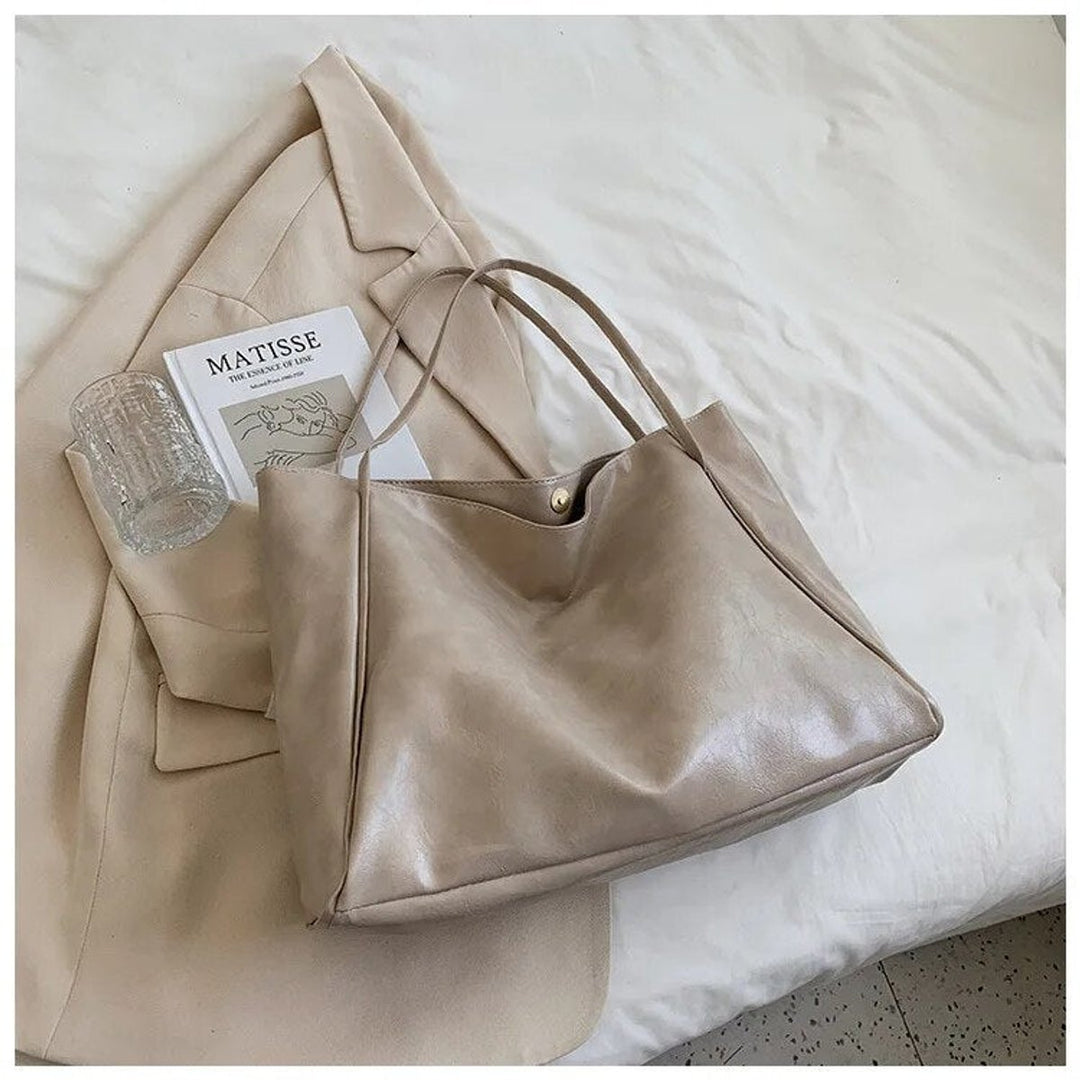 Retro PU-Leren Tote Bag Dames Ruime Schoudertas - Beige