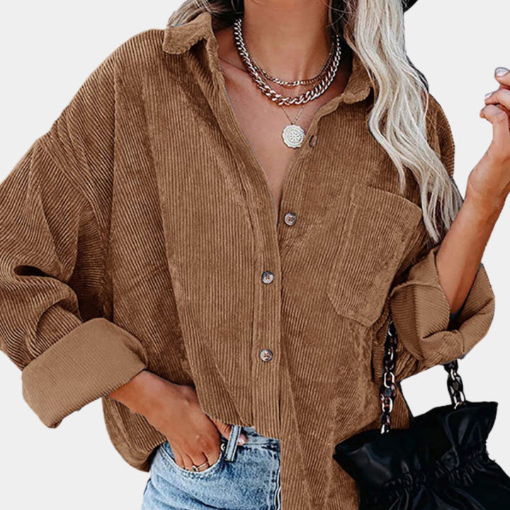 Ribfluwelen oversized jas dames met knoopsluiting - Bruin