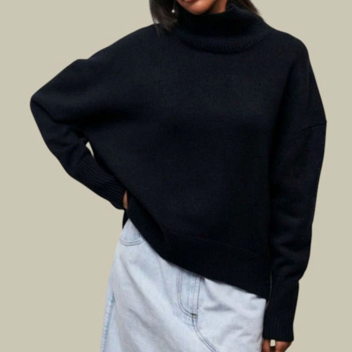 Rollkragenpullover für Damen Oversize Lockerer Strickpullover - Schwarz