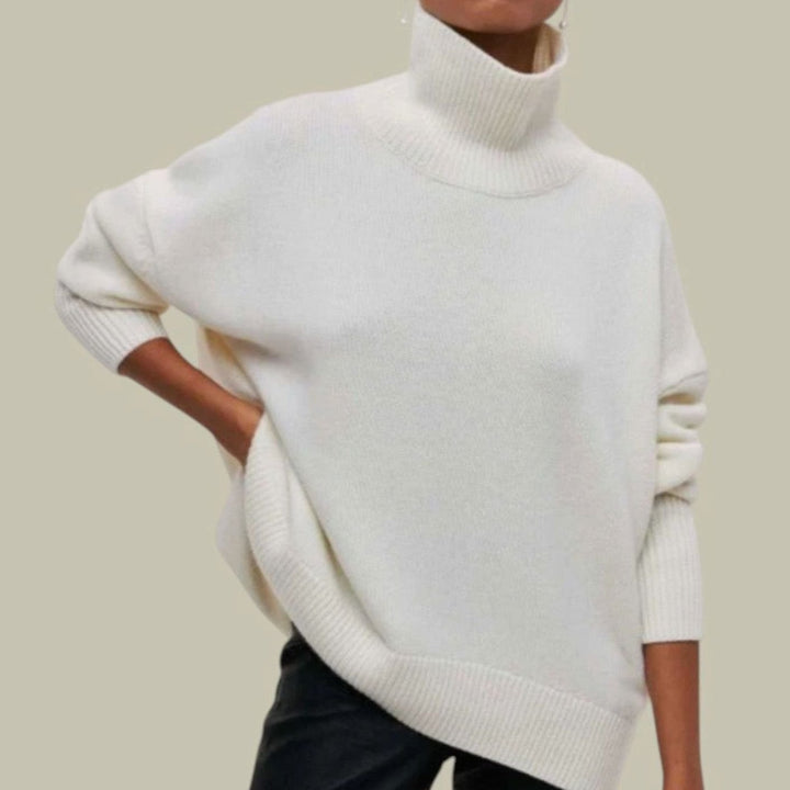 Rollkragenpullover für Damen Oversize Lockerer Strickpullover - Weiß