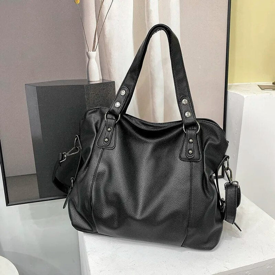 Ruime Zwarte Leren Tote Bag Dames Schoudertas Klinknagels - Schwarz