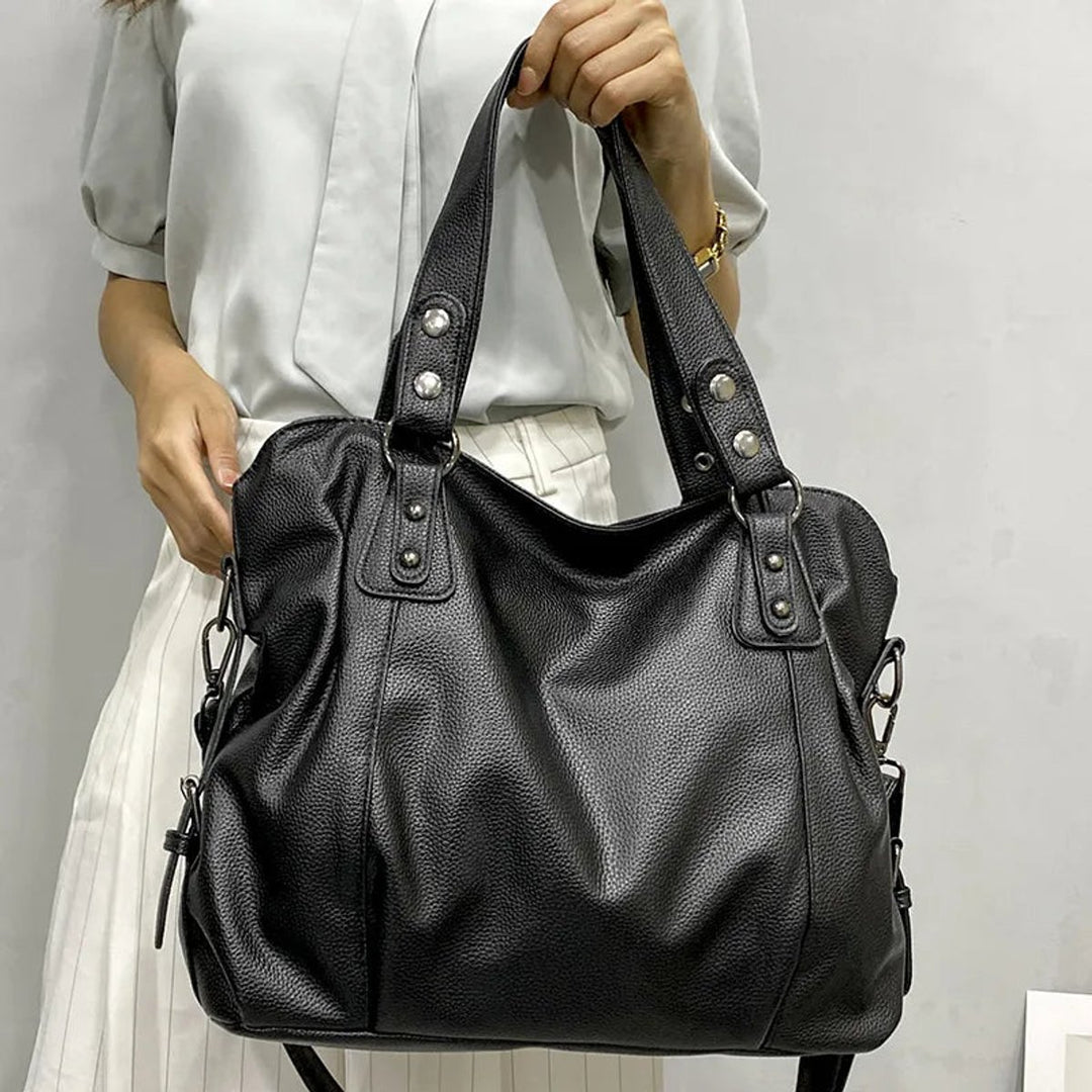 Ruime Zwarte Leren Tote Bag Dames Schoudertas Klinknagels - Creme