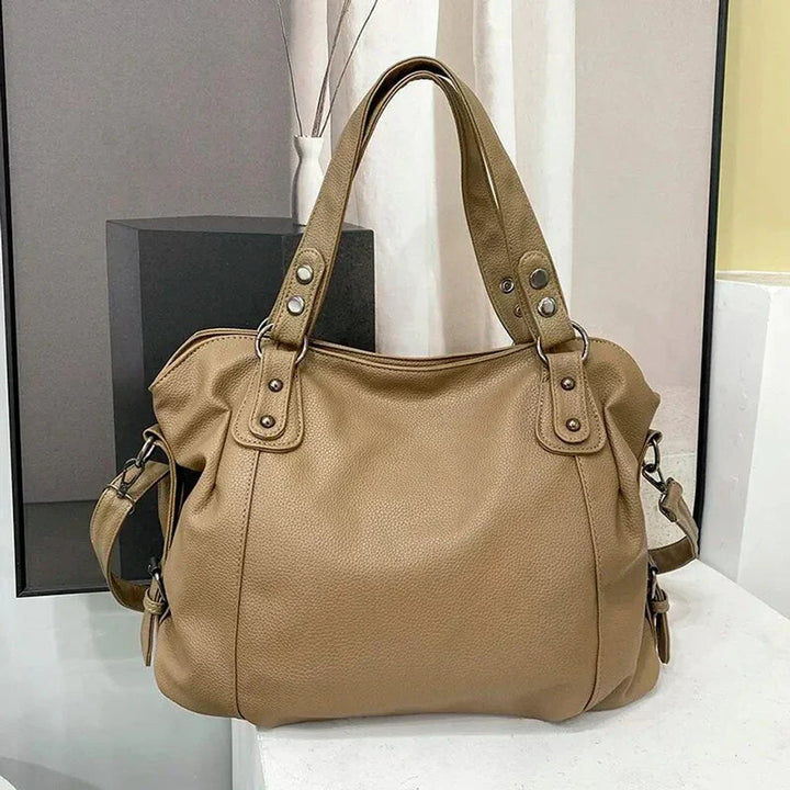 Ruime Zwarte Leren Tote Bag Dames Schoudertas Klinknagels - Beige