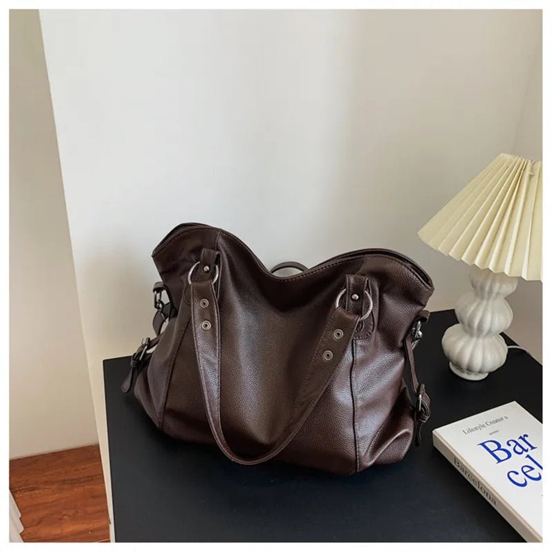 Ruime Zwarte Leren Tote Bag Dames Schoudertas Klinknagels - Braun