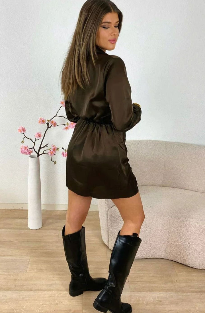 Satijnen Overslagmodel Feestjurk Dames Lange Mouwen Mini