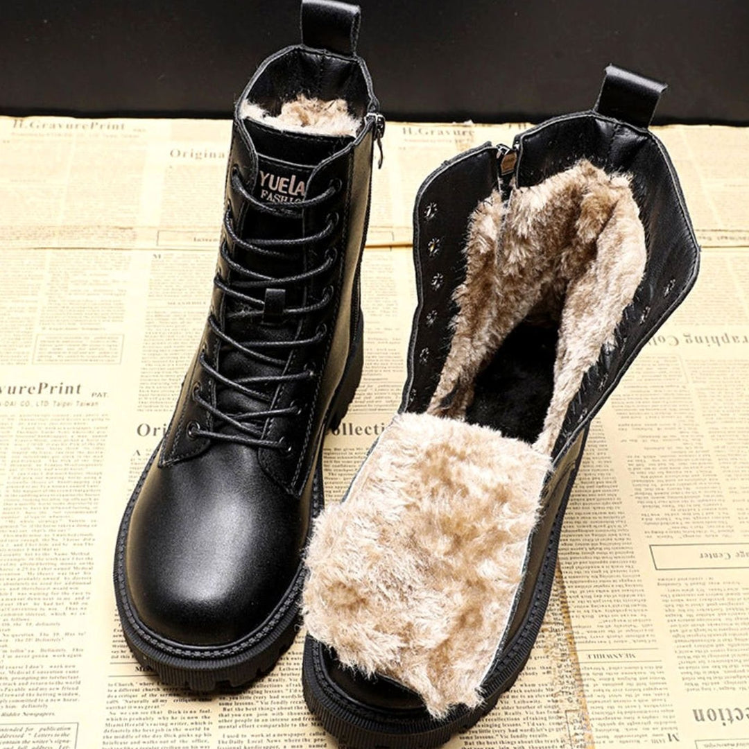 Schwarze Winterstiefel Damen Gefütterte Schnürstiefel - Schwarz