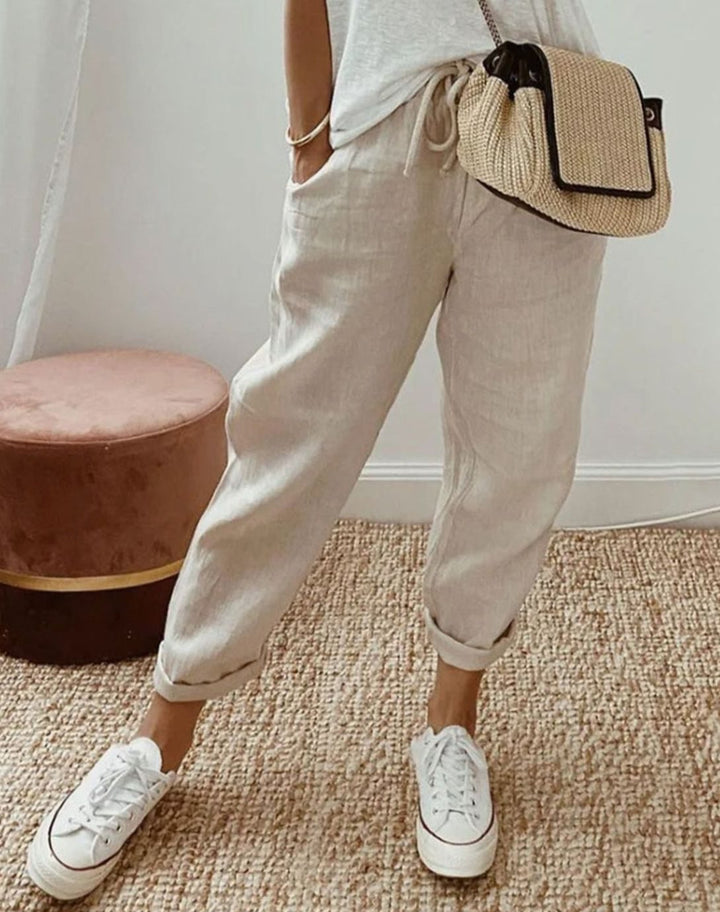 Stilvolle Freizeit-Leinenhose Damen Lockerer Schnitt Kordelzug - Beige