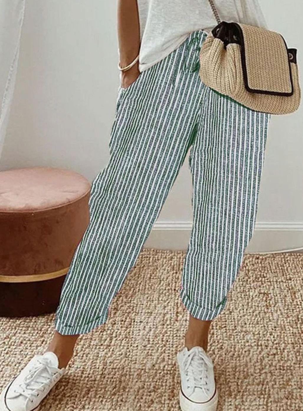 Stilvolle Freizeit-Leinenhose Damen Lockerer Schnitt Kordelzug - Grün (Gestreift)