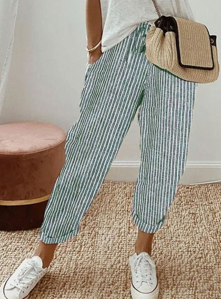 Stilvolle Freizeit-Leinenhose Damen Lockerer Schnitt Kordelzug - Grün (Gestreift)