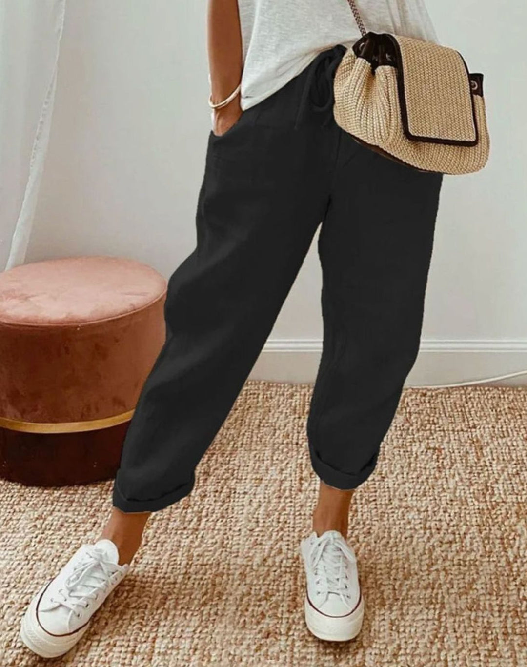 Stilvolle Freizeit-Leinenhose Damen Lockerer Schnitt Kordelzug - Schwarz