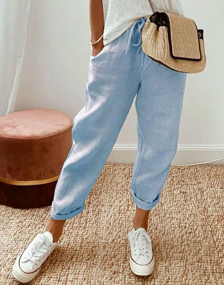 Stilvolle Freizeit-Leinenhose Damen Lockerer Schnitt Kordelzug - Blau