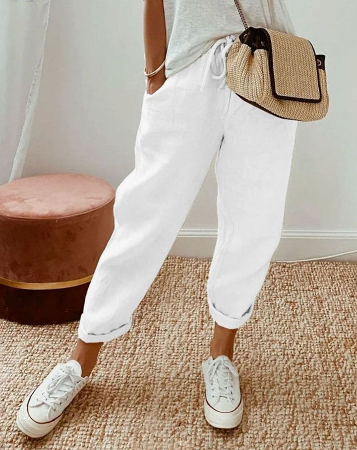Stilvolle Freizeit-Leinenhose Damen Lockerer Schnitt Kordelzug - Weiß