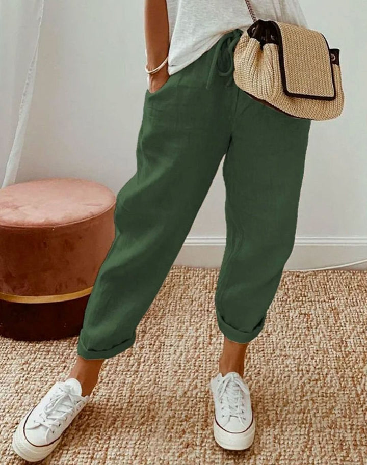 Stilvolle Freizeit-Leinenhose Damen Lockerer Schnitt Kordelzug - Grün
