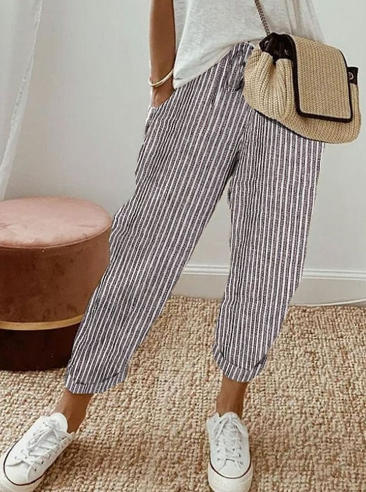 Stilvolle Freizeit-Leinenhose Damen Lockerer Schnitt Kordelzug - Grau