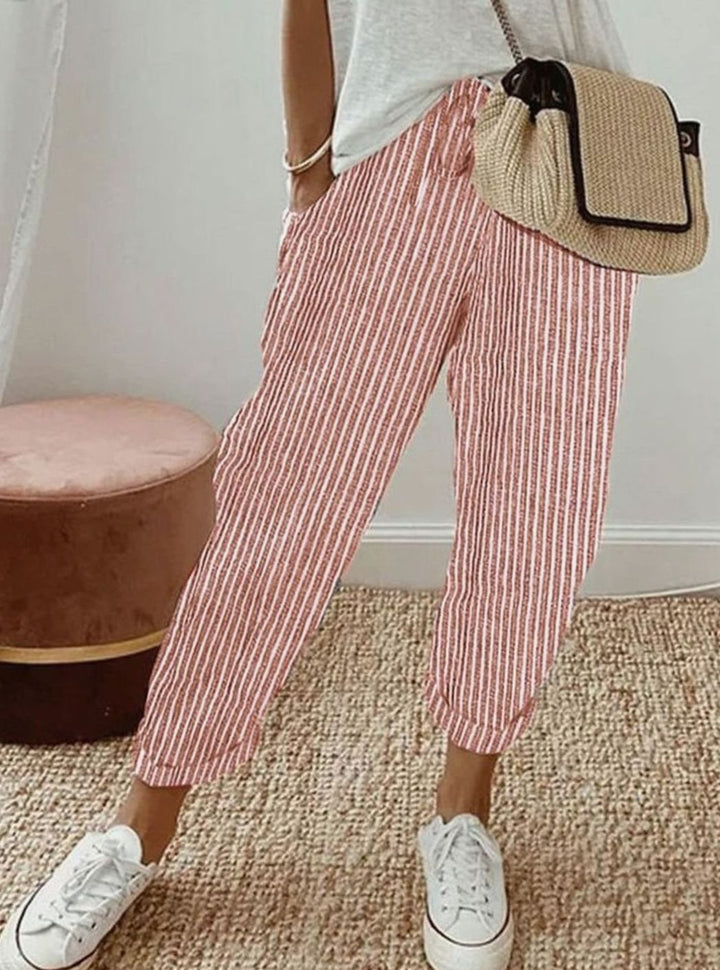 Stilvolle Freizeit-Leinenhose Damen Lockerer Schnitt Kordelzug - Rot