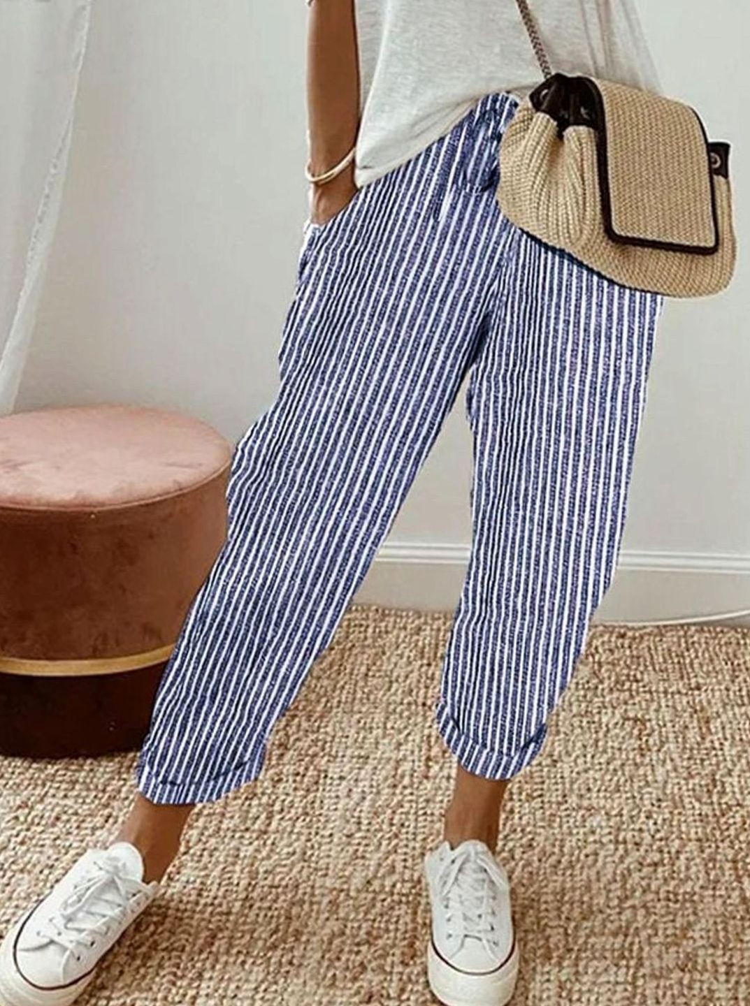 Stilvolle Freizeit-Leinenhose Damen Lockerer Schnitt Kordelzug - Blau (Gestreift)