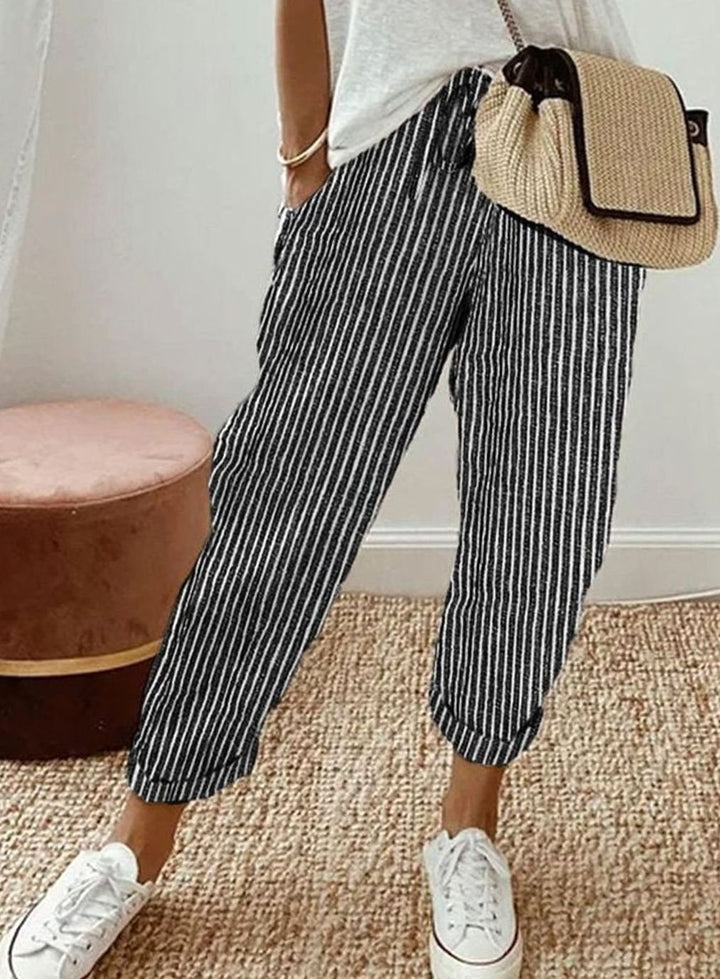 Stilvolle Freizeit-Leinenhose Damen Lockerer Schnitt Kordelzug - Schwarz (Gestreift)