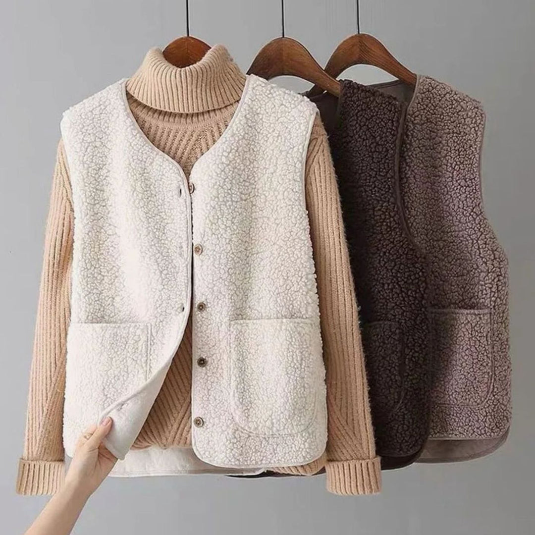 Teddy Gilet Dames Mouwloos V-hals Cardigan Knoopsluiting - Beige