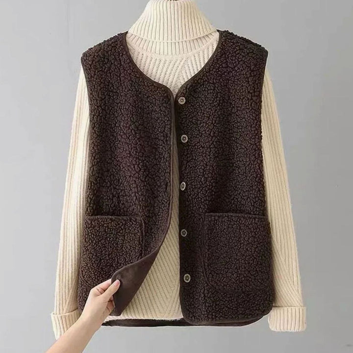 Teddy Gilet Dames Mouwloos V-hals Cardigan Knoopsluiting - Bruin