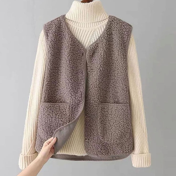 Teddy Gilet Dames Mouwloos V-hals Cardigan Knoopsluiting - Kaki