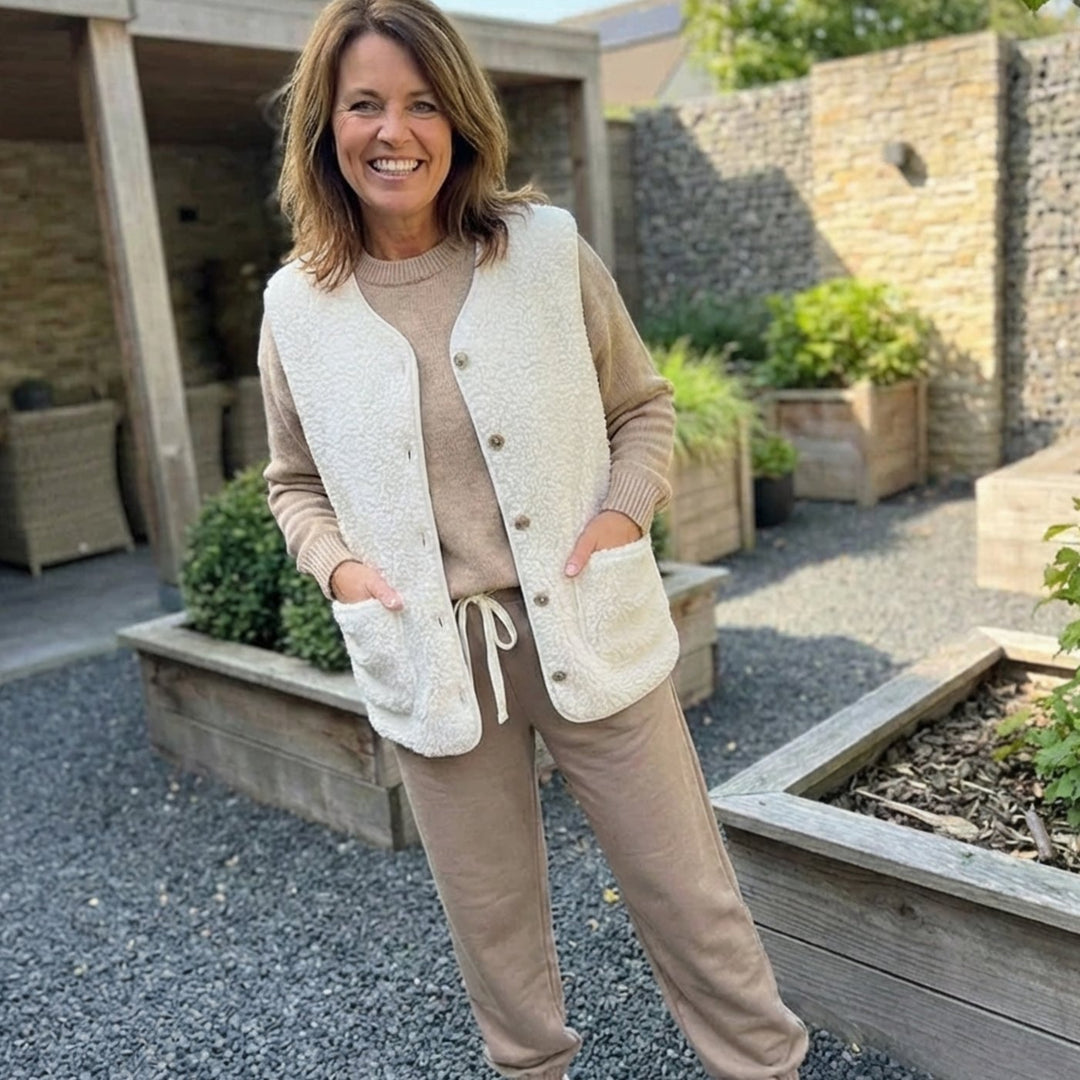 Teddy Gilet Dames Mouwloos V-hals Cardigan Knoopsluiting