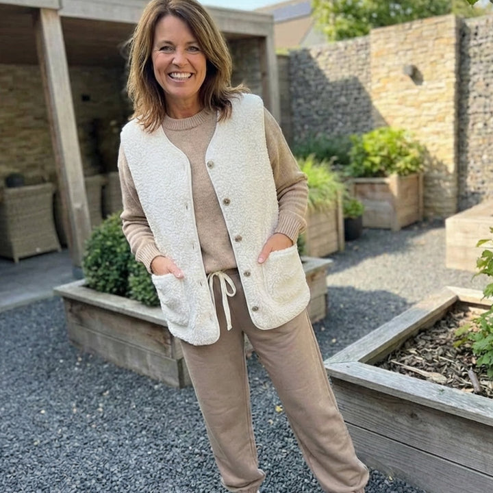 Teddy Gilet Dames Mouwloos V-hals Cardigan Knoopsluiting