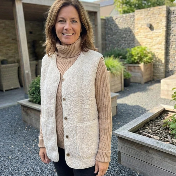 Teddy Gilet Dames Mouwloos V-hals Cardigan Knoopsluiting