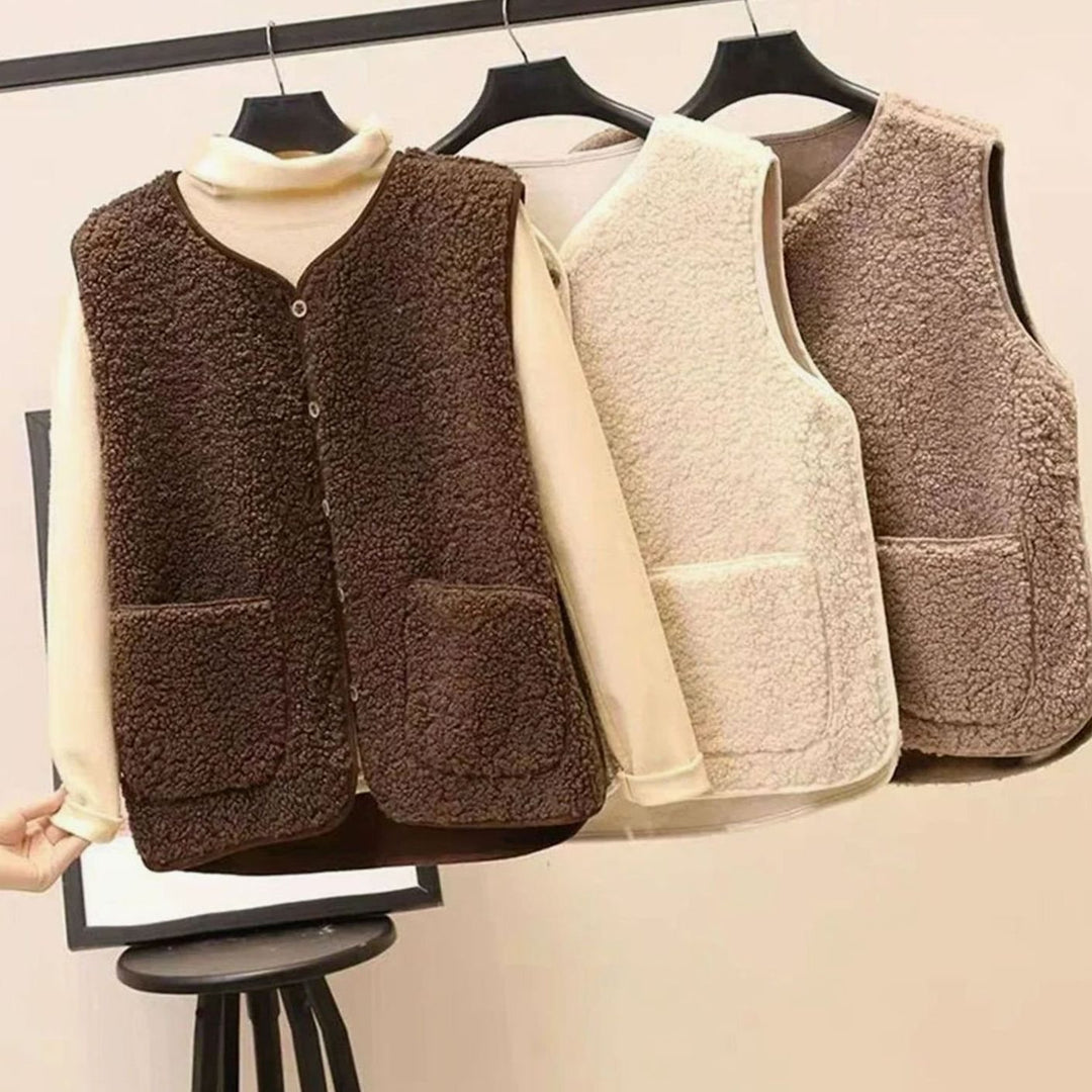 Teddy Gilet Dames Mouwloos V-hals Cardigan Knoopsluiting