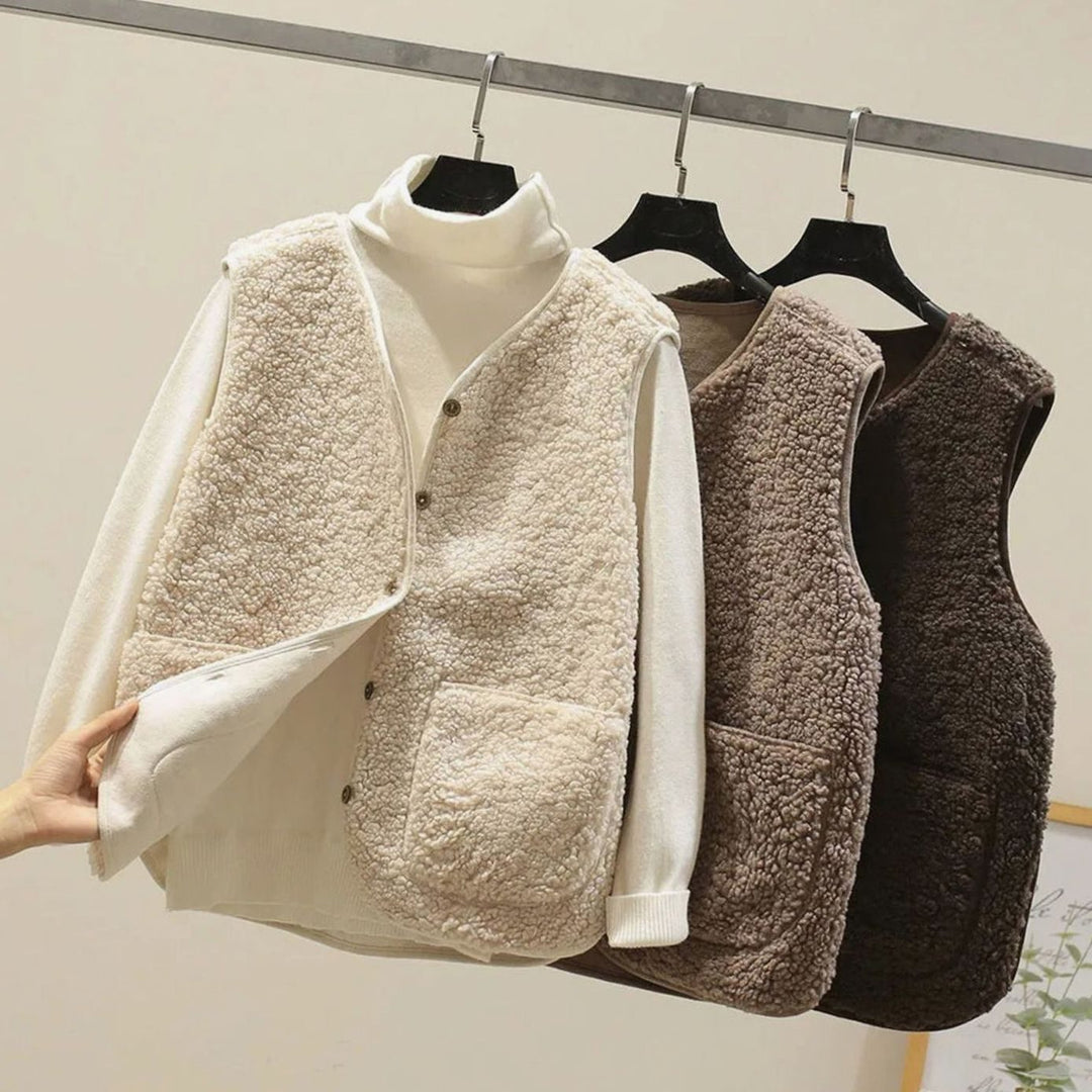 Teddy Gilet Dames Mouwloos V-hals Cardigan Knoopsluiting