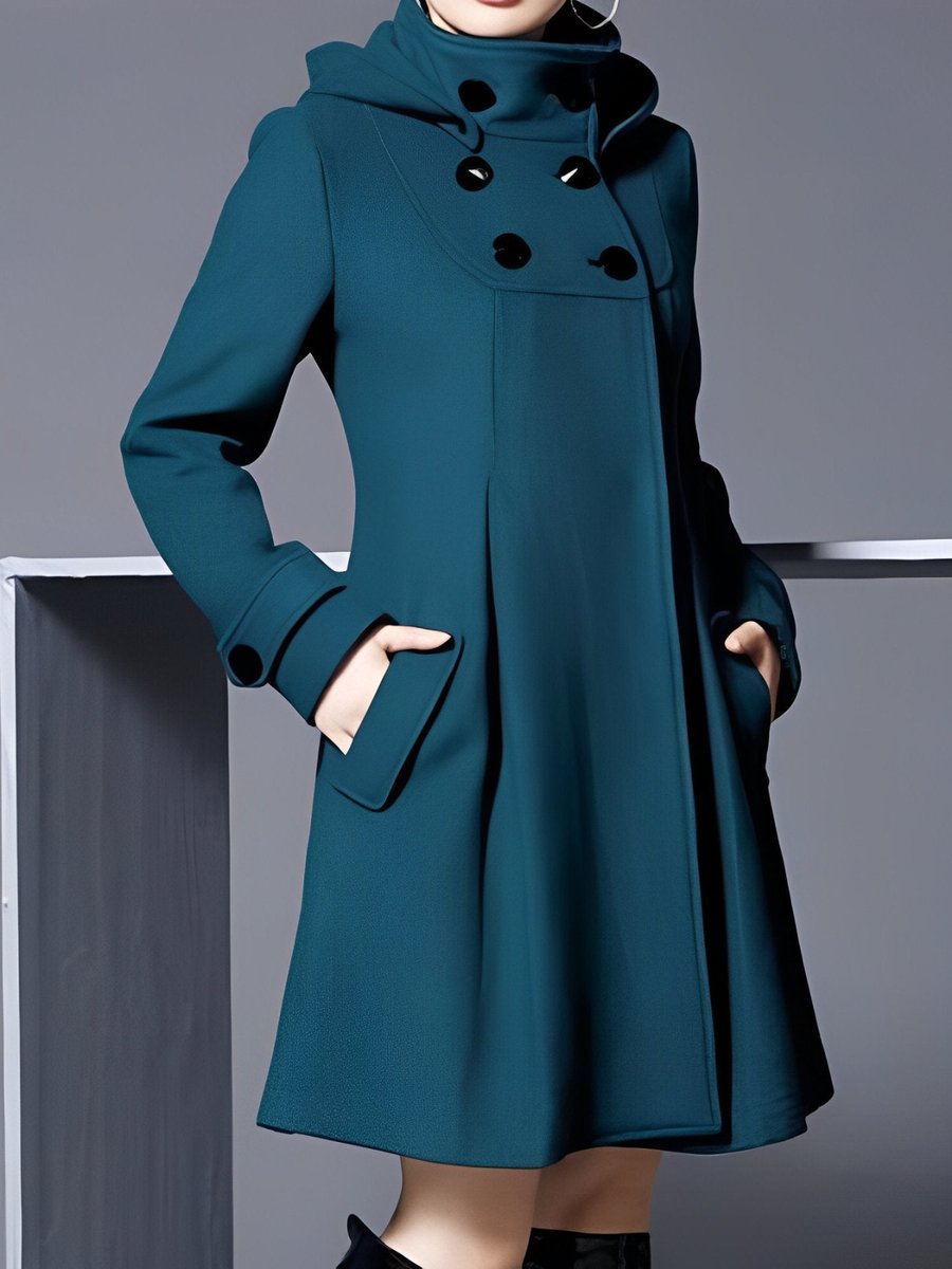 Trenchcoat Dames A-Lijn Winterjas Capuchon Dubbelrijige Knopen - Blauw