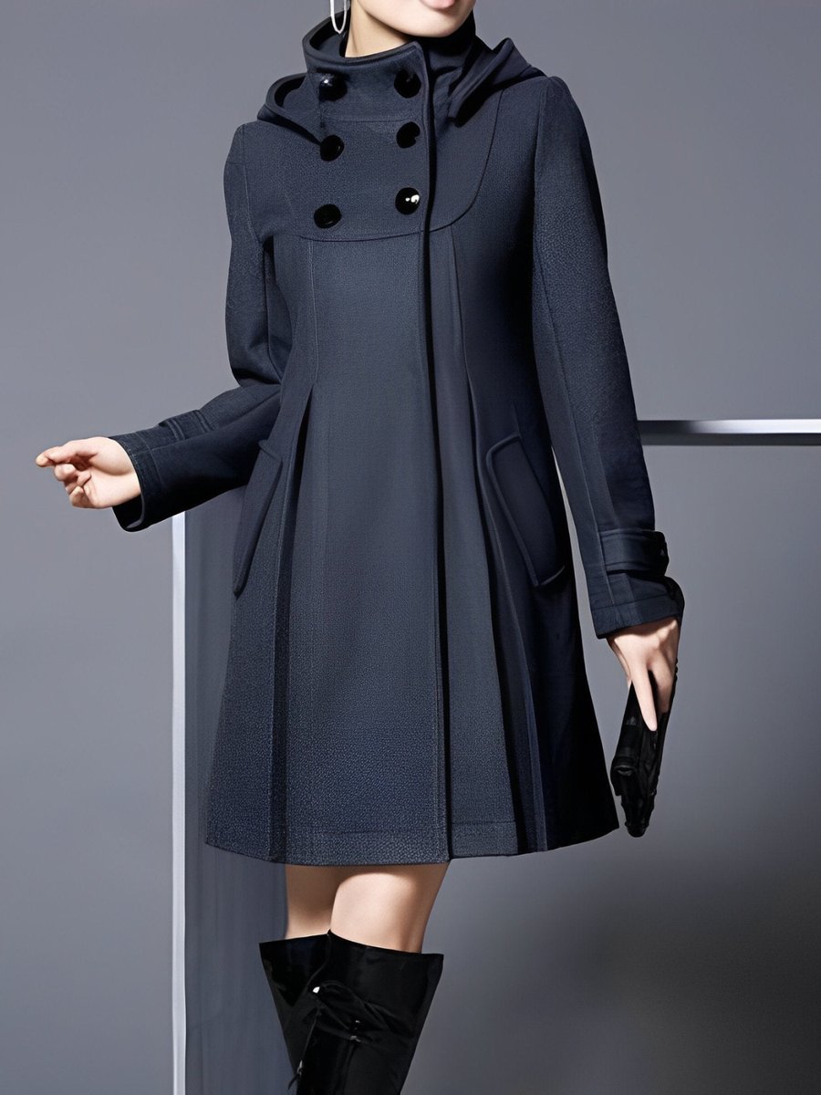 Trenchcoat Dames A-Lijn Winterjas Capuchon Dubbelrijige Knopen - Zwart