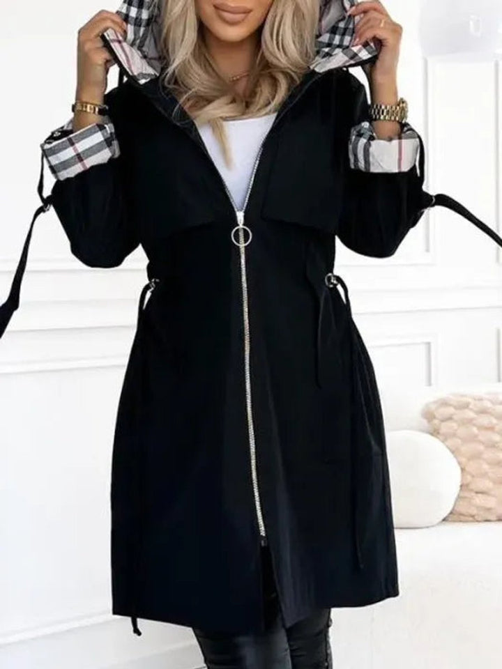 Trenchcoat Dames Lang Geruit Gevoerde Capuchon Ritsjas - Zwart