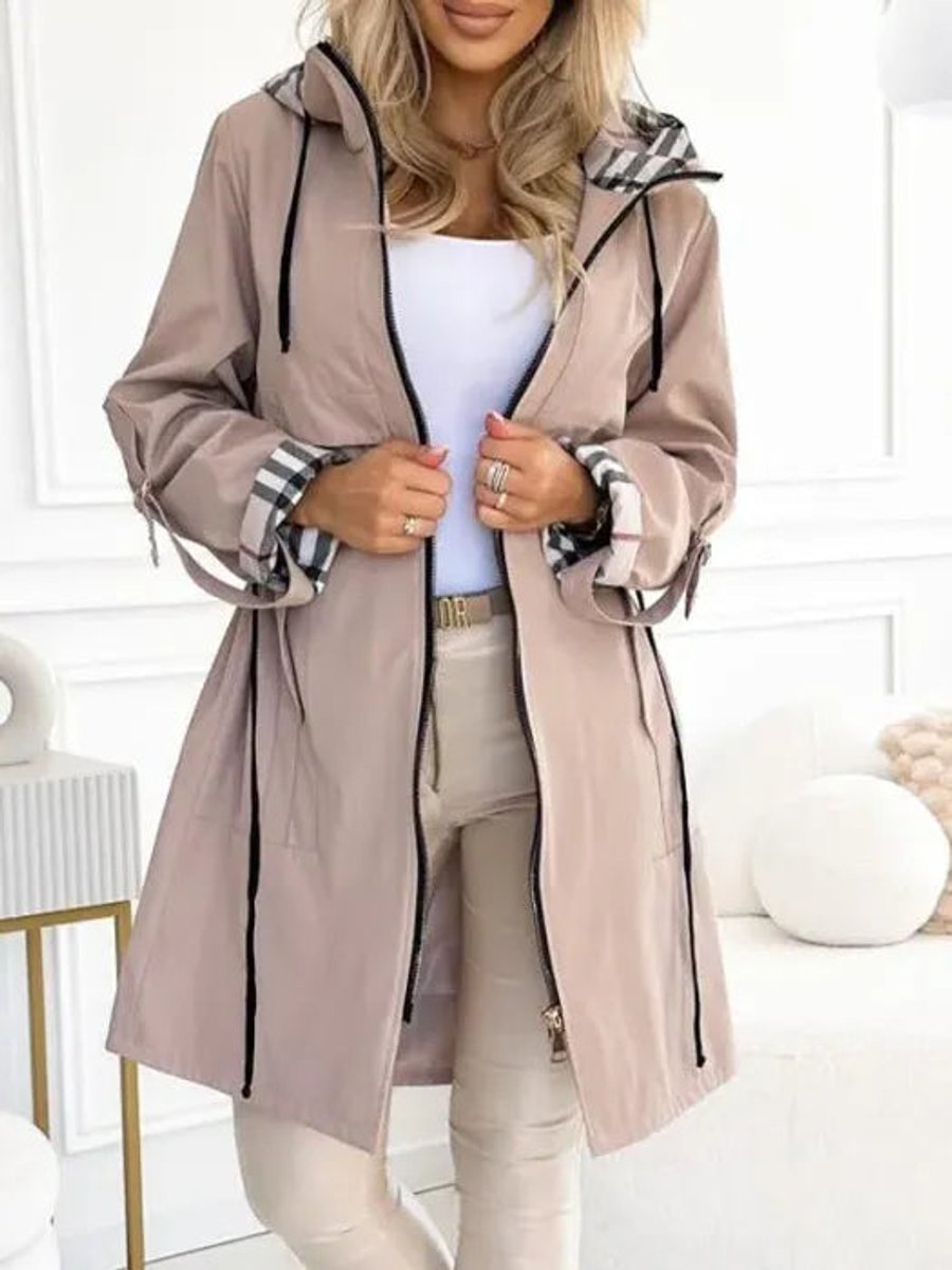 Trenchcoat Dames Lang Geruit Gevoerde Capuchon Ritsjas - Beige