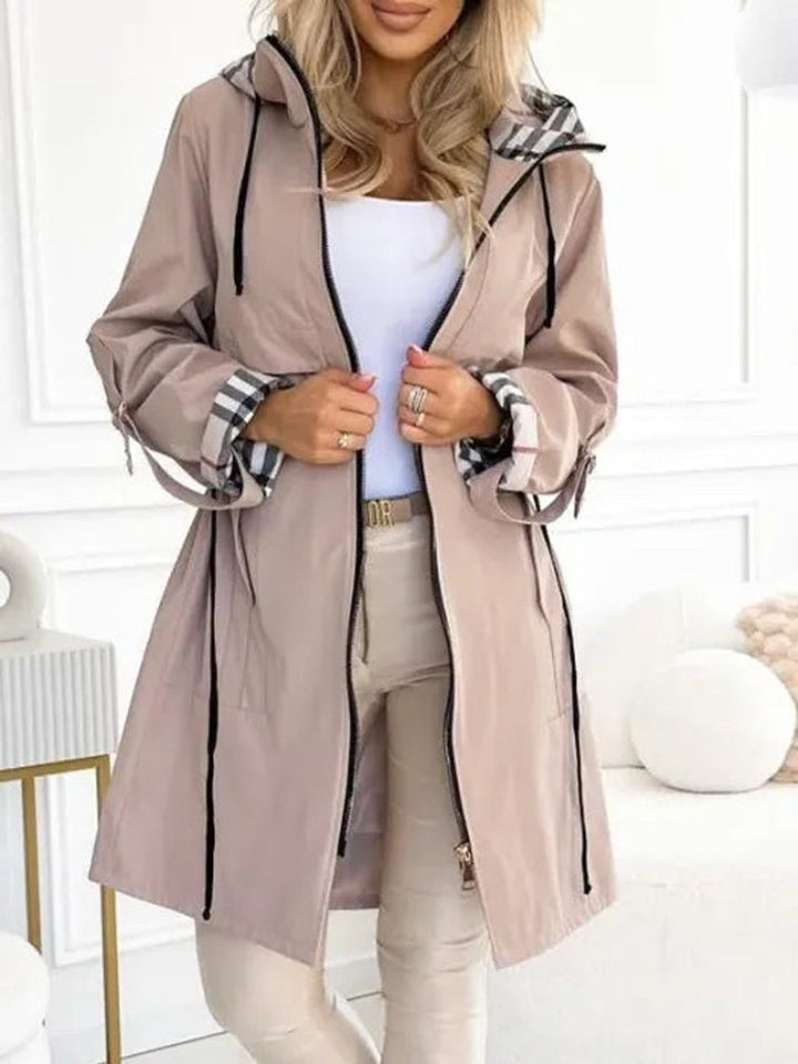 Trenchcoat Dames Lang Geruit Gevoerde Capuchon Ritsjas - Beige