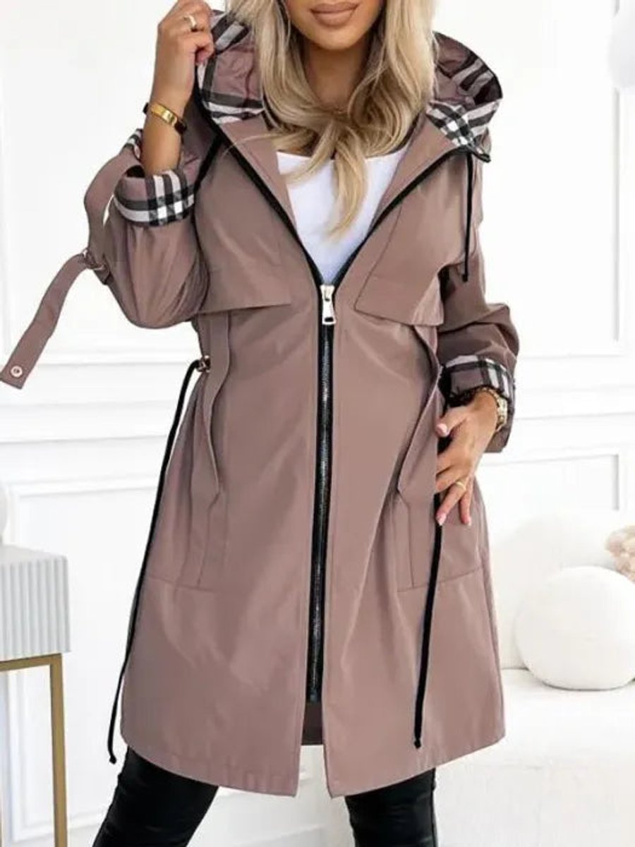 Trenchcoat Dames Lang Geruit Gevoerde Capuchon Ritsjas - Bruin