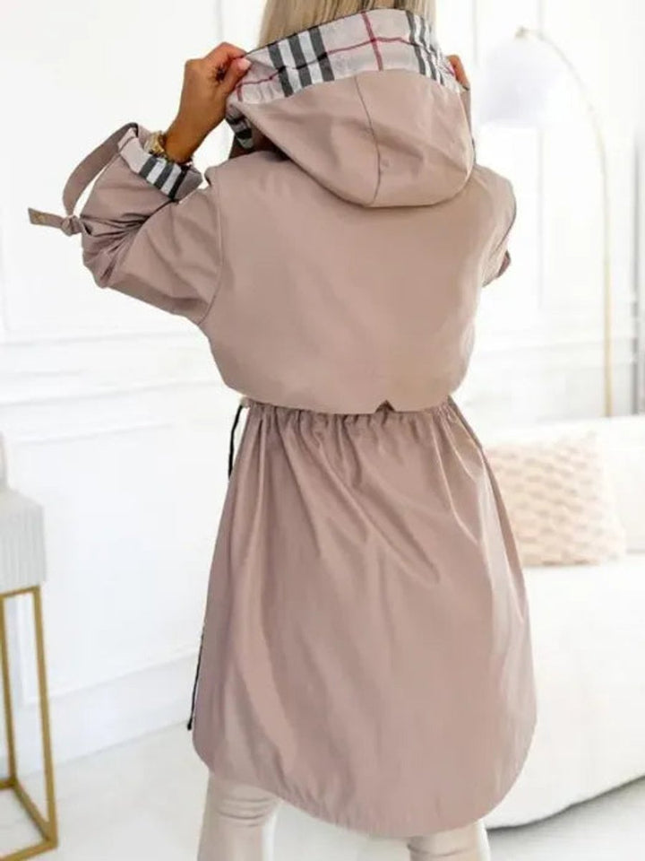 Trenchcoat Dames Lang Geruit Gevoerde Capuchon Ritsjas