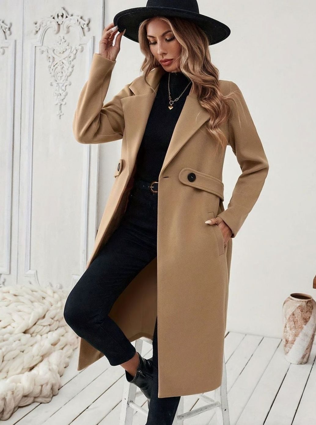 Trenchcoat Dames Lange Winterjas Notch-Revers Zijzakken