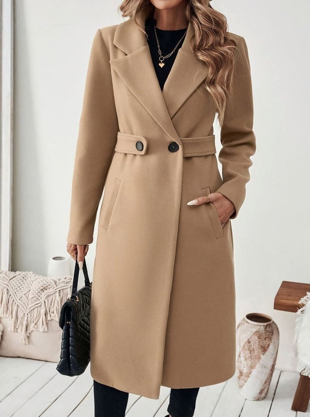 Trenchcoat Dames Lange Winterjas Notch-Revers Zijzakken