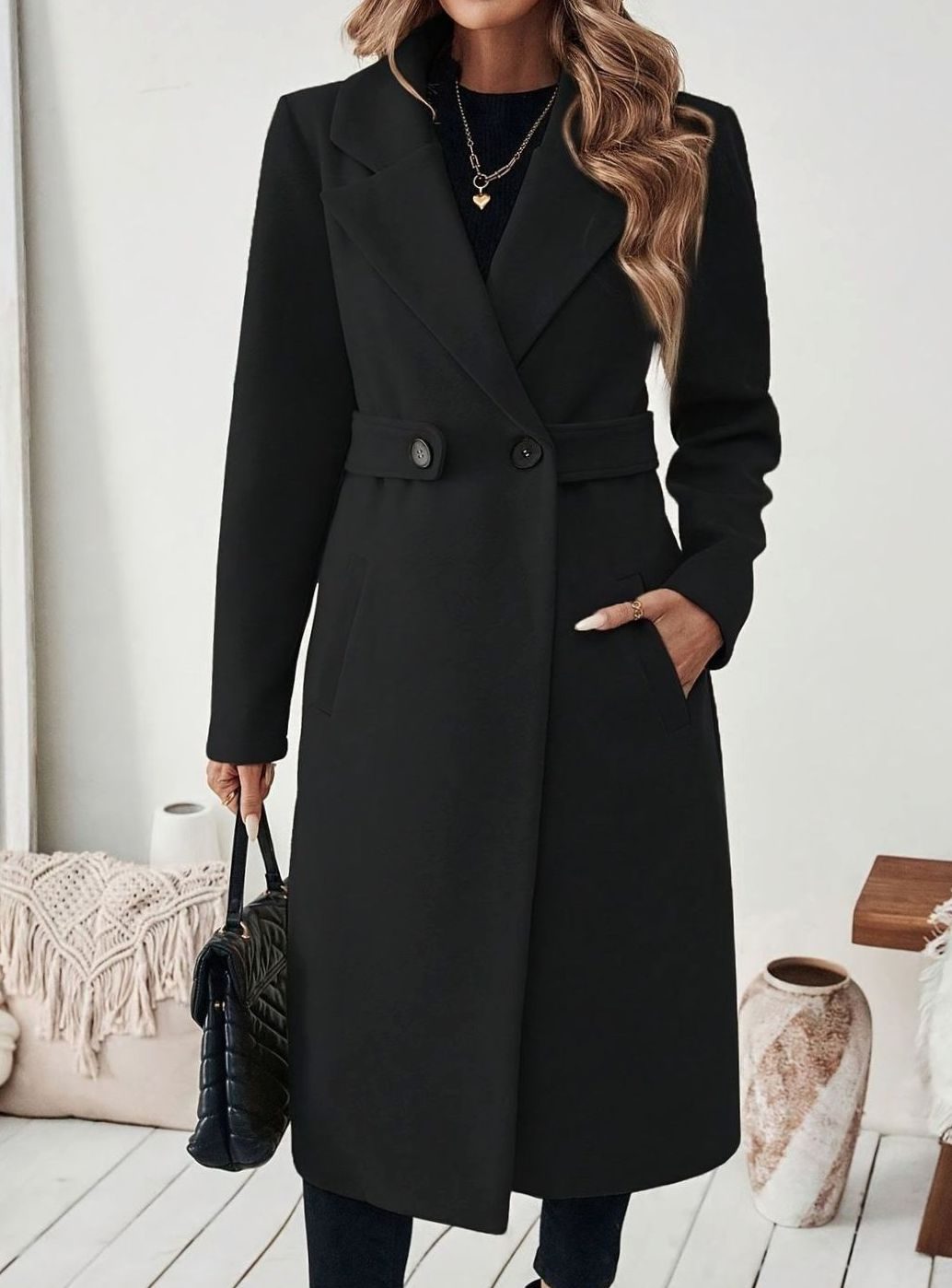 Trenchcoat Dames Lange Winterjas Notch-Revers Zijzakken - Zwart